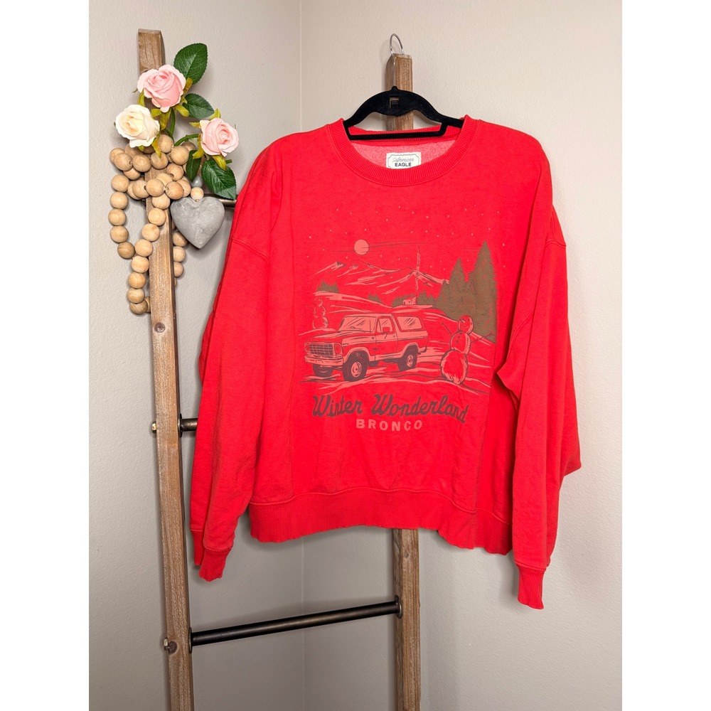 American Eagle Winter Wonderland Bronco Graphic Sweatshirt Red XL Fleece Top